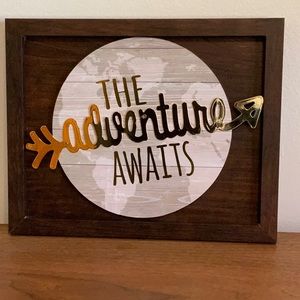 The Adventure Awaits wood and gold plaque